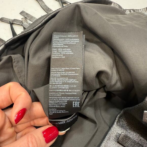 AllSaints Aisha Leather Fringe metallic mini Skirt Size 4 - Picture 6 of 9